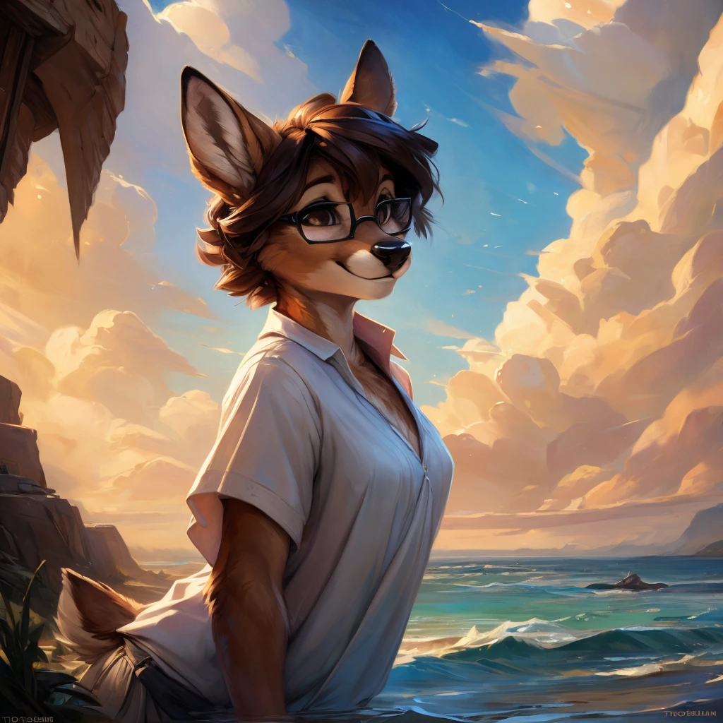 uploaded on e621, artstation, by Pixelsketcher, by Bayard Wu, by Thomas Benjamin Kennington , by Einshelm, by hioshiru and kenket, Chunie, portrait, solo anthro female deer doe, with small featureless breasts, clear dark blue, cinematic lighting, day, sunny day, beach, stays in the sea, sea background, mediterranean background, horizon background, shiny, short curly dark brown hair, wears big black nerd glasses, very very beautiful furry art, furry art, smiling, joyful, shiny, happy, feminine, cute face, muzzle, fluffy chest, flawless face, Fallow deer, 1girl, Sakimichan is beautiful, Masterpiece, Wavethesallow Face, shiny, Detailed image, portrait, Detailed image, portrait, full body, wearing wide, long, white blouse, shiny, realistic face, perfect anatomy, hourglass body, (furry body:1.1), anthropomorphic deer, small fluffy tail, detailed background, (cute anatomy:1.1), windy, smiling, very happy, happy
