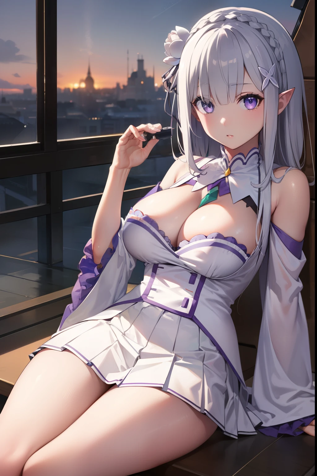 RezeroEmilia, emilia, braid, crown braid, flower, hair flower, hair ornament, hair Love, wide, pointy ears, (purple eyes:1.2), by white, x hair ornament,
BREAK detached neck, separate sleeves, mangas con steering wheels, steering wheels, long sleeves, miniSkirt, pleated Skirt, Love, Skirt, Thighs, white Skirt, white sleeves, white Thighs, wide sleeves, The Great Passage,
REST outdoors, City,
REST looking at the viewer, BREAK (Masterpiece:1.2), Best Quality, high resolution, unity wallpaper 8k, (illustration:0.8), (Beautiful detailed eyes:1.6), extremely detailed face, perfect lighting, Extremely detailed CG, (perfect hands, perfect anatomy), big breasts, deep neckline, big breasts, deep neckline, NSFW 