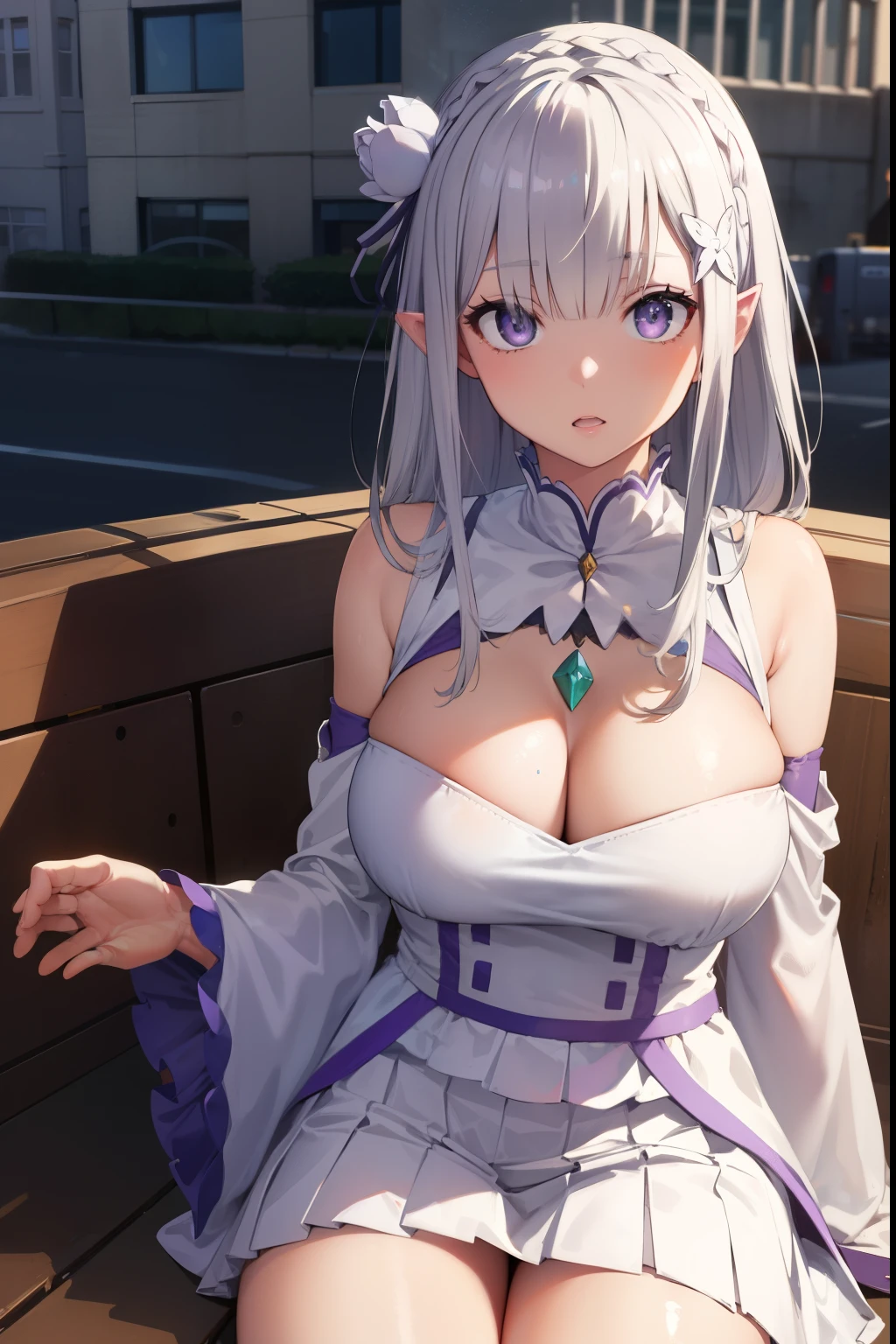 RezeroEmilia, emilia, braid, crown braid, flower, hair flower, hair ornament, hair Love, wide, pointy ears, (purple eyes:1.2), by white, x hair ornament,
BREAK detached neck, separate sleeves, mangas con steering wheels, steering wheels, long sleeves, miniSkirt, pleated Skirt, Love, Skirt, Thighs, white Skirt, white sleeves, white Thighs, wide sleeves, The Great Passage,
REST outdoors, City,
REST looking at the viewer, BREAK (Masterpiece:1.2), Best Quality, high resolution, unity wallpaper 8k, (illustration:0.8), (Beautiful detailed eyes:1.6), extremely detailed face, perfect lighting, Extremely detailed CG, (perfect hands, perfect anatomy), big breasts, deep neckline, big breasts, deep neckline, NSFW 