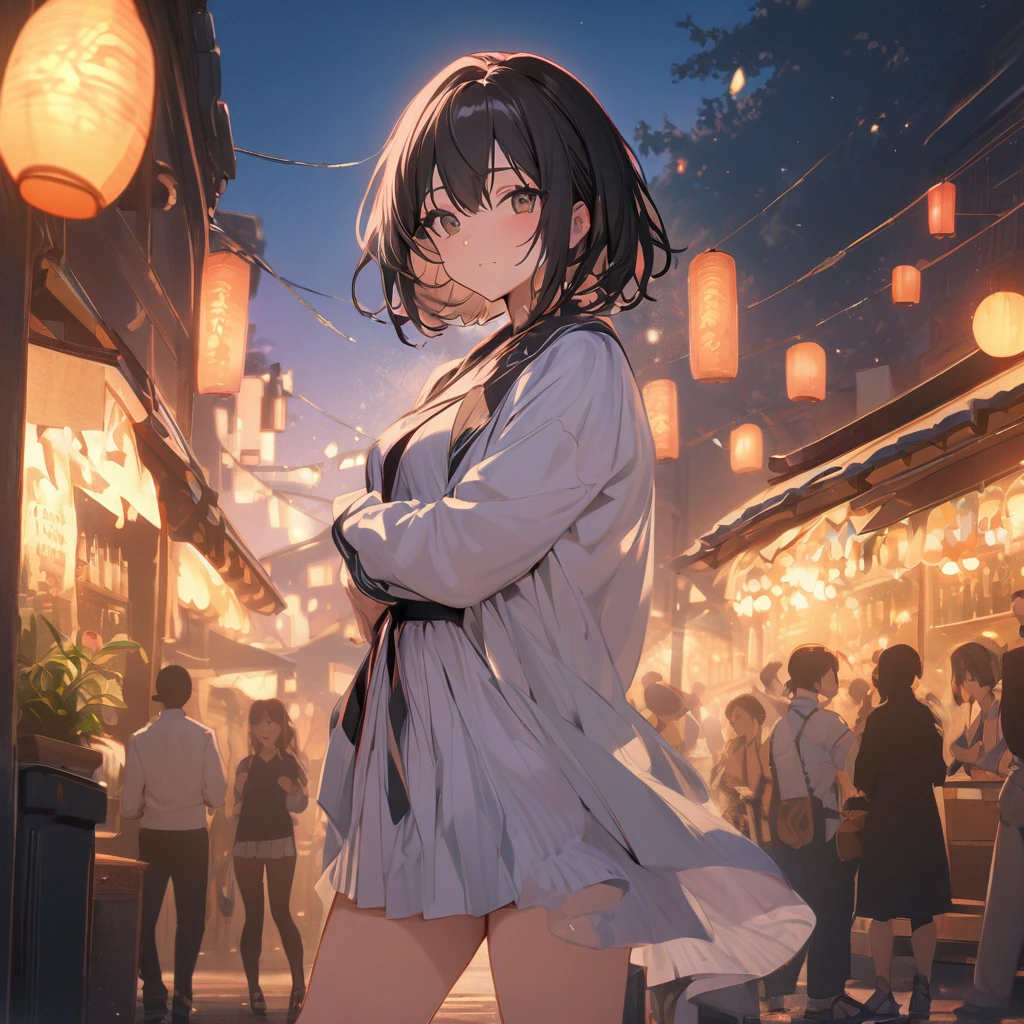 One girl、(((最high quality)), ((masterpiece)), (detailed), masterpiece, 最high quality, high quality, 超detailed, Perfect Face, ((One girl, Black Bob Hair,))、Shiny Hair、Glowing Skin、yukata、Sandals、Small Breast Summer、port、firework