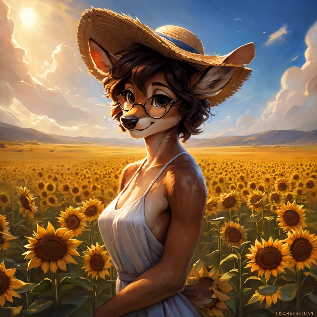 uploaded on e621, by Pixelsketcher, by Bayard Wu, by Thomas Benjamin Kennington , by Einshelm, by hioshiru and kenket, Chunie, portrait, solo anthro female deer doe, with small featureless breasts, clear dark blue, cinematic lighting, day, sunny day, sunflower field, stands in a high sunflower field, sunflower field background, sunflowers, mediterranean background, horizon background, shiny, short curly dark brown hair, wears big black nerd glasses, very very beautiful furry art, furry art, smiling, joyful, shiny, happy, feminine, cute face, muzzle, fluffy chest, flawless face, Fallow deer, 1girl, Sakimichan is beautiful, Masterpiece, Wavethesallow Face, shiny, Detailed image, portrait, Detailed image, portrait, full body, wearing pure white and wide spaghetti straps dress, wearing big and wide beige summer straw hat, shiny, realistic face, perfect anatomy, hourglass body, (furry body:1.1), anthropomorphic deer, looks at the viewer, small fluffy tail, detailed background, (cute anatomy:1.1)
