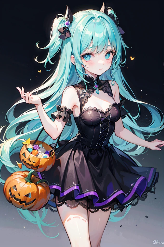Halloween Theme, "cute, cuteバニーガール, cuteピンクの女の子, Neon Green Blue, Light blue color scheme. She's wearing a Halloween-themed costume. Her clothes were fluffy and soft., Includes hair clips and other decorative accessories. She embodies vitality、Trendy Harajuku fashion style."Halloween Theme, "cute, cuteバニーガール, cuteピンクの女の子, Neon Green Blue, Light blue color scheme. She's wearing a Halloween-themed costume. Her clothes were fluffy and soft., Includes hair clips and other decorative accessories. She embodies vitality、Trendy Harajuku fashion style."