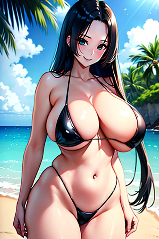 high resolution、High resolution、masterpiece、Highest quality、8K、good, ((Big Breasts、whole body、Accentuate your breasts)), smile, Micro Bikini, Shiny Hair, Shiny skin, Big Breasts 、Beach、Ocean、Long black hair