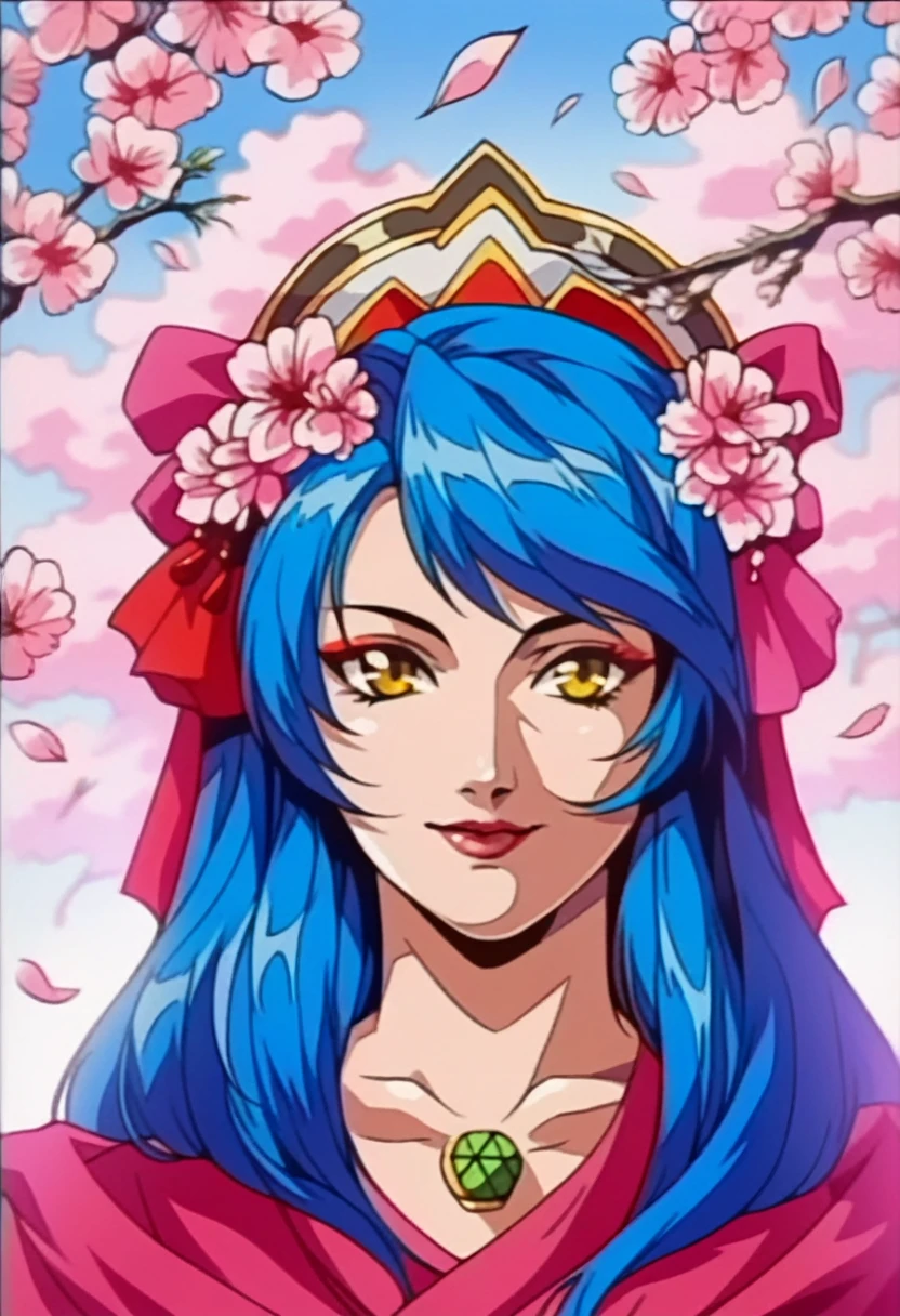 a beautiful girl with long blue hair, yellow eyes, and bangs, smiling directly at the viewer, with a large chest, thick thighs, and cherry blossoms in the background, highly detailed, 8k, realistic, photorealistic, masterpiece, hyper detailed, exquisite, vibrant colors, natural lighting, beautiful portrait