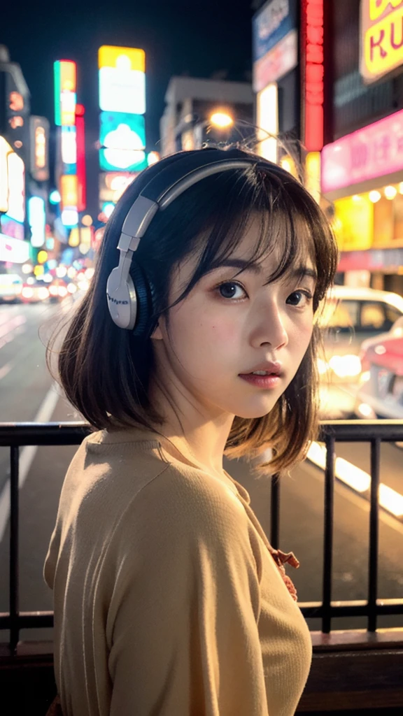 A beautiful Korean K-pop idol woman poses on a dimly lit balcony in the lively district of Kabukicho, Tokyo. The setting sun casts a warm, orange glow over the bustling cityscape in the background. The idol wears headphones, engrossed in her music, oblivious to the world around her. The image is bathed in a film grain, lo-fi filter, adding an authentic, vintage feel to the scene. Her features are delicately drawn, with expressive eyes that seem to tell a story of their own. The high-resolution, detailed artwork captures every intricate detail of her captivating visage, making it a true masterpiece anime

