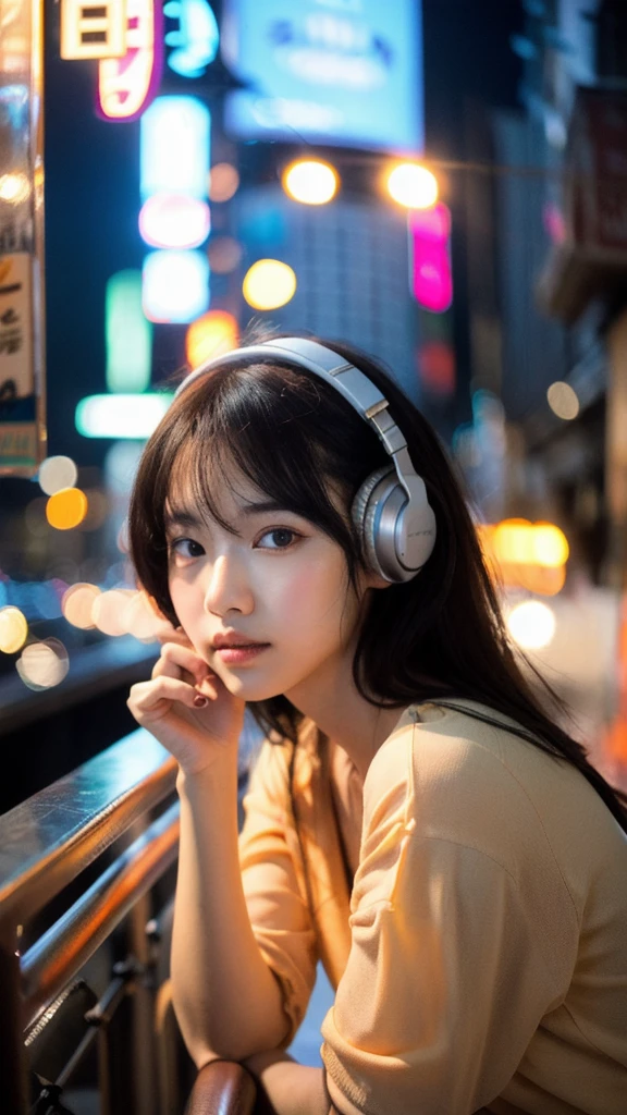 A beautiful Korean K-pop idol woman poses on a dimly lit balcony in the lively district of Kabukicho, Tokyo. The setting sun casts a warm, orange glow over the bustling cityscape in the background. The idol wears headphones, engrossed in her music, oblivious to the world around her. The image is bathed in a film grain, lo-fi filter, adding an authentic, vintage feel to the scene. Her features are delicately drawn, with expressive eyes that seem to tell a story of their own. The high-resolution, detailed artwork captures every intricate detail of her captivating visage, making it a true masterpiece anime