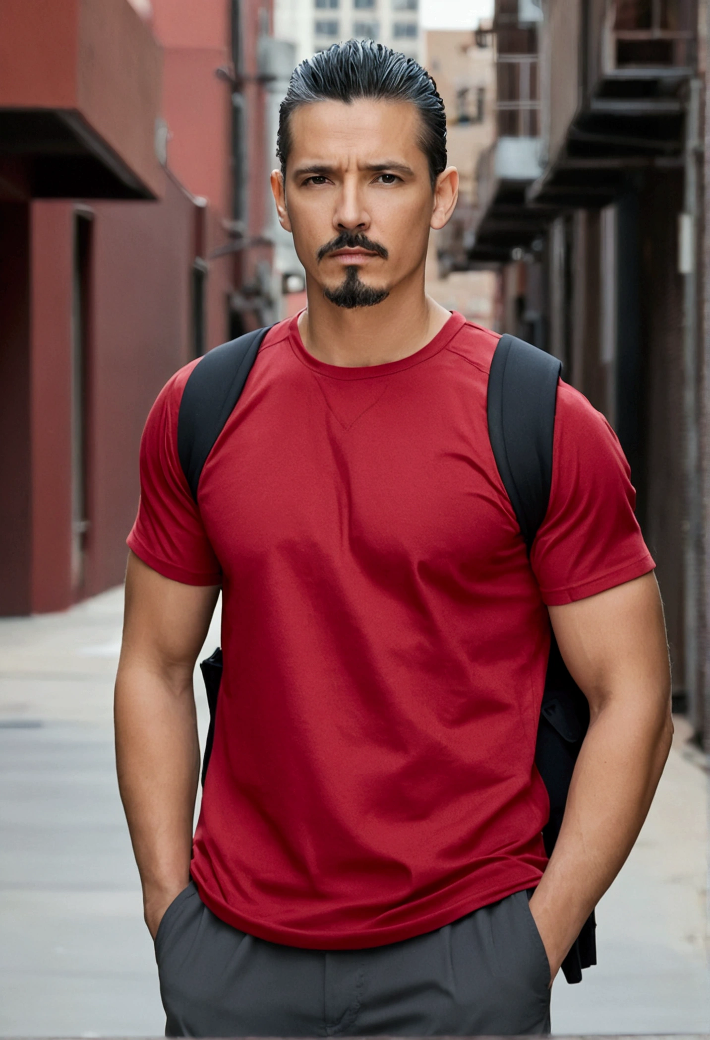 Man, medium figure, red t shirt, black cargo pants, medium slicked back hair, gray black hair, small low ponytail, short mustache, small goatee, chin strap, brown eyes, urban background, skinny, arms, medium torso, serious look