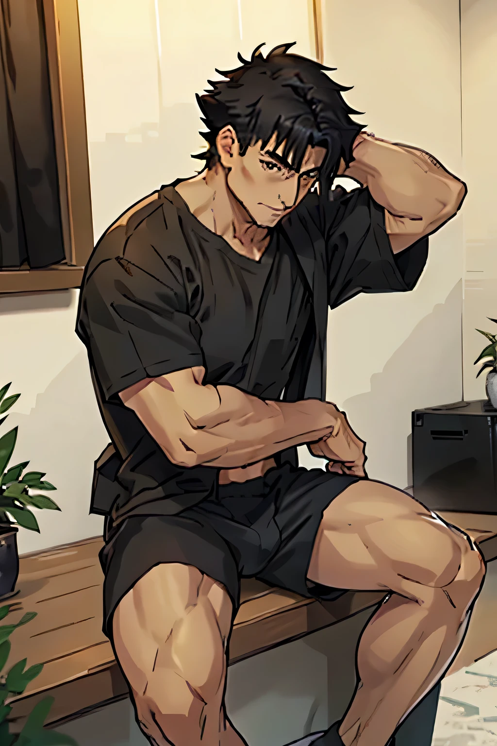 Kiritsugu is sitting and flexing his arms. He wears black short boxershorts. You can see his thighs completely. He wears a black tshirt with short sleeves. His right sleeve is completely rolled up, so you can see his entire arm and shoulder. He has a huge bulge. You can see his abs too.