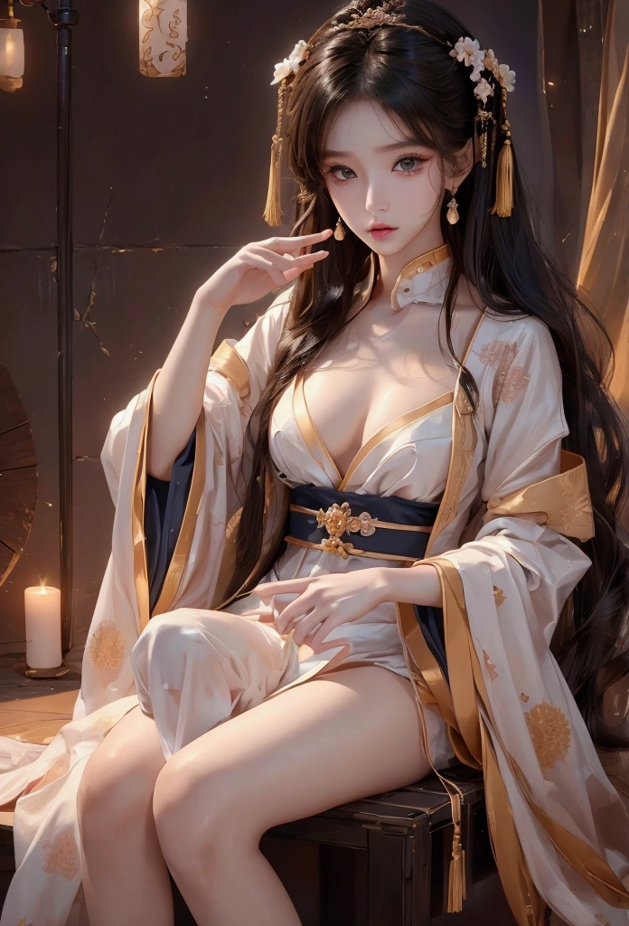 Best image quality、8K、masterpiece:1.3))、Realistic high-quality photos、Highest quality、 Beautiful face、Photos of slim models、Beautiful girl model、Young and pretty face、Beautiful model girl、A lovely and delicate face、Black Hair、Beautiful brown eyes、Young Body、Hanfu, (emphasize)、from the front、Camera gaze,、Anatomically correct、胸の谷間をemphasize、whole body、13-year-old female model