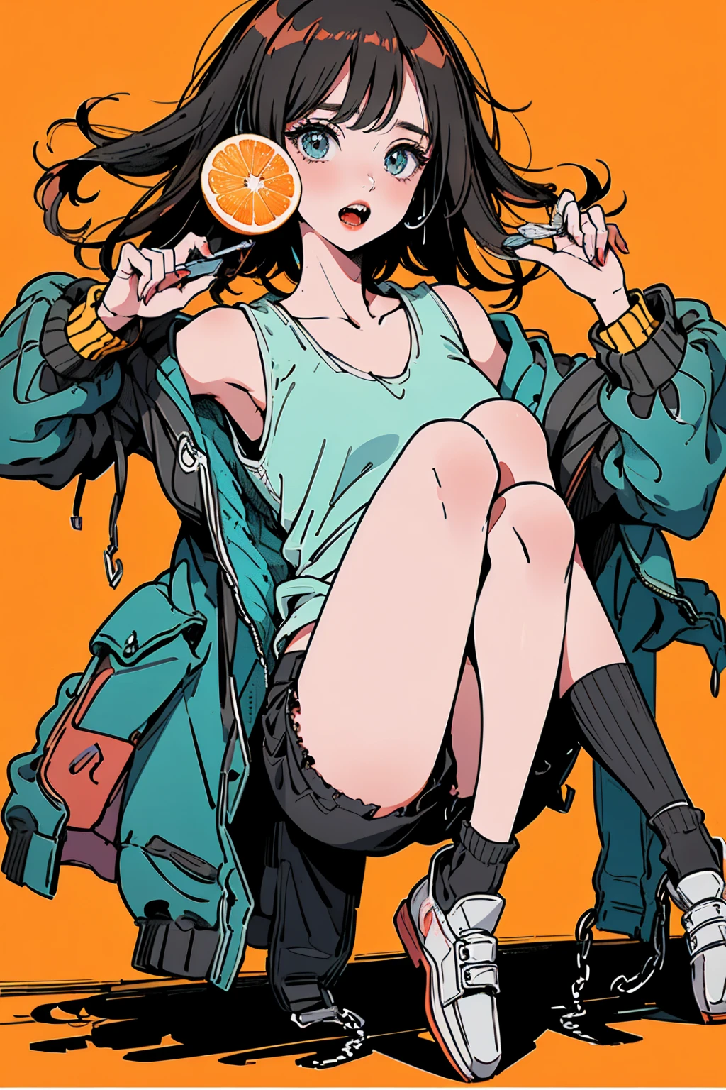 (masterpiece:1.2), Highest quality,Pixiv,Surprised girl,Portraiture,Tank top、18-year-old、Immediately after intense sex、???????、((((Midsummer clothes、Full body portrait))))、Shorts、Pop Art