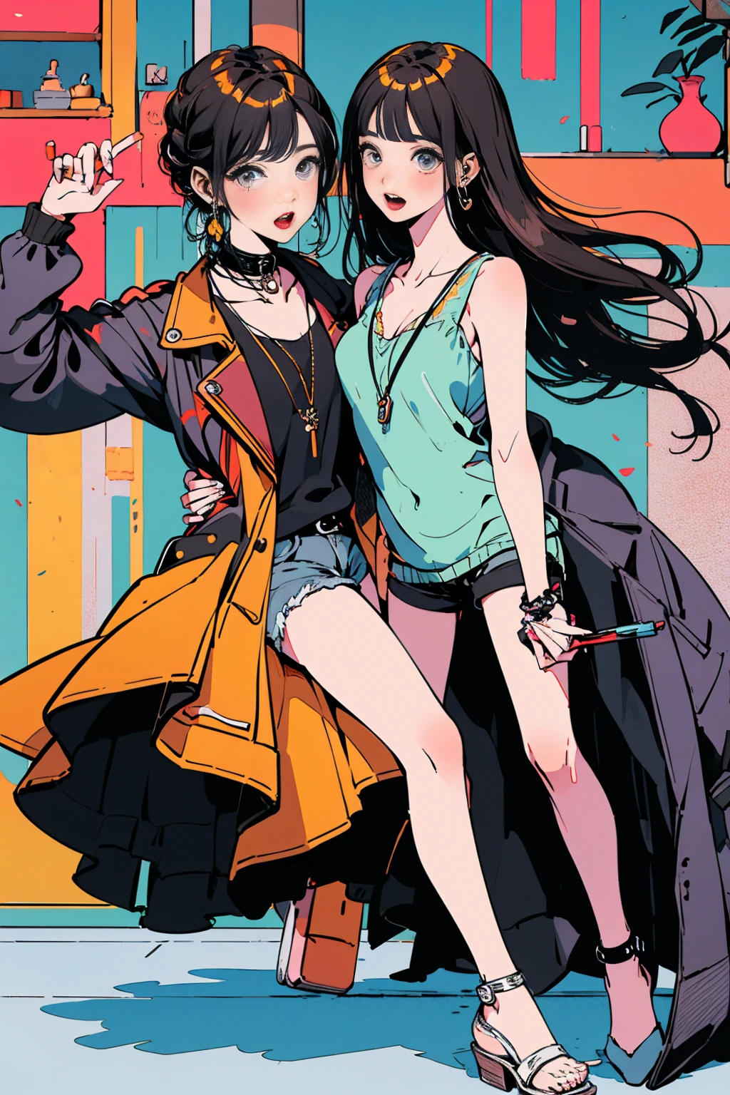 (masterpiece:1.2), Highest quality,Pixiv,Surprised girl,Portraiture,Tank top、18-year-old、Immediately after intense ???、???????、((((Midsummer clothes、Full body portrait))))、Shorts、Pop Art
