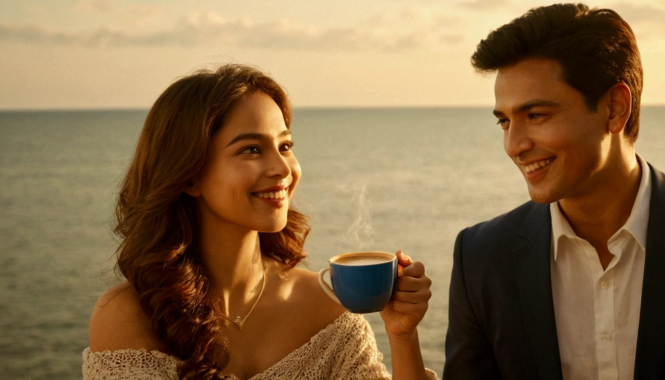 masterpiece,Highest quality,Movie stills,The beauty of clouds,Profile photo,Delicate and beautiful face,Standard facial features and limbs,Normal hand,Spread your arms wide,smile,Floating in the sky,Cleavage close-up,Bright,Cheerfulness,Warm and soft lighting,Drinking coffee at a seaside cafe