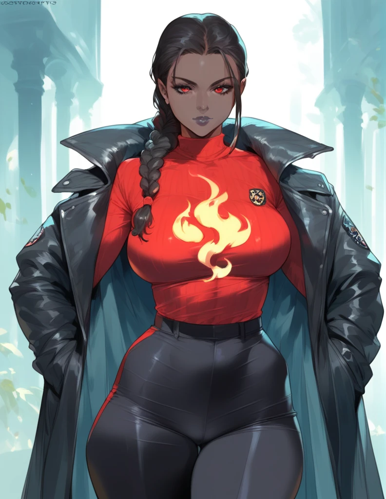 mixed_artstyle, 1 girl, Alone, hands, Black Woman, Black skin, braided hair, hair with red tips, Coat tied at the waist, Red shirt, Black leggings with flame print, red eyes, realistic, textures, 8K, perfect hand, perfect anatomy, visible curves,