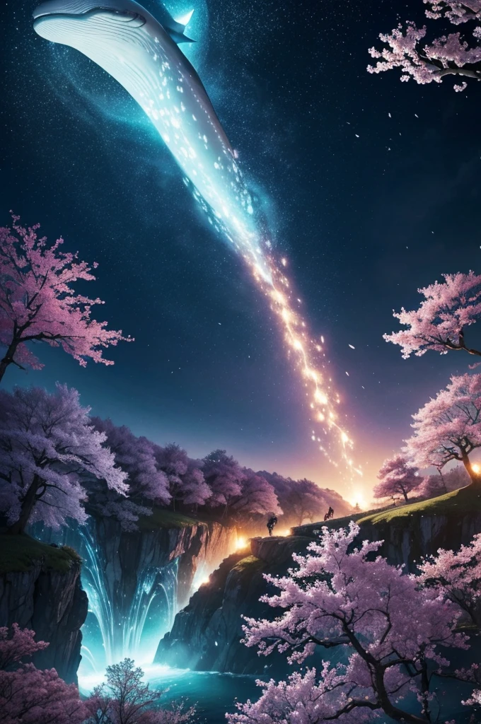In the realm of whimsical fantasy, a majestic and translucent Whale takes to the skies, defying the very laws of nature. Its colossal form glows with a luminescent radiance, each fluid curve and wrinkle captured in exquisite detail in this high-resolution image. Cherry blossoms drift gently through the air around it, their delicate petals unfurling and cascading like rain, falling freely from the branches of ethereal trees that cling tensely to the wondrous behemoth's humongous body. The fantasy landscape that surrounds this aerial spectacle is alive with vibrant colors, as if illuminated by
