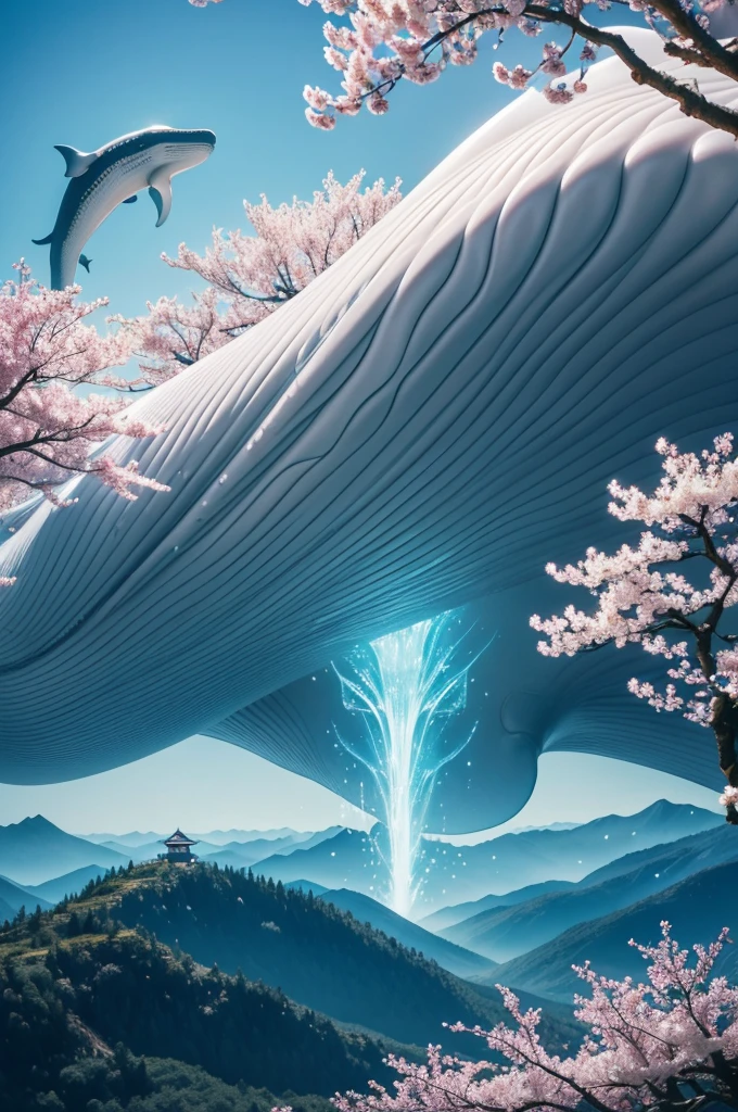 In the realm of whimsical fantasy, a majestic and translucent Whale takes to the skies, defying the very laws of nature. Its colossal form glows with a luminescent radiance, each fluid curve and wrinkle captured in exquisite detail in this high-resolution image. Cherry blossoms drift gently through the air around it, their delicate petals unfurling and cascading like rain, falling freely from the branches of ethereal trees that cling tensely to the wondrous behemoth's humongous body. The fantasy landscape that surrounds this aerial spectacle is alive with vibrant colors, as if illuminated by