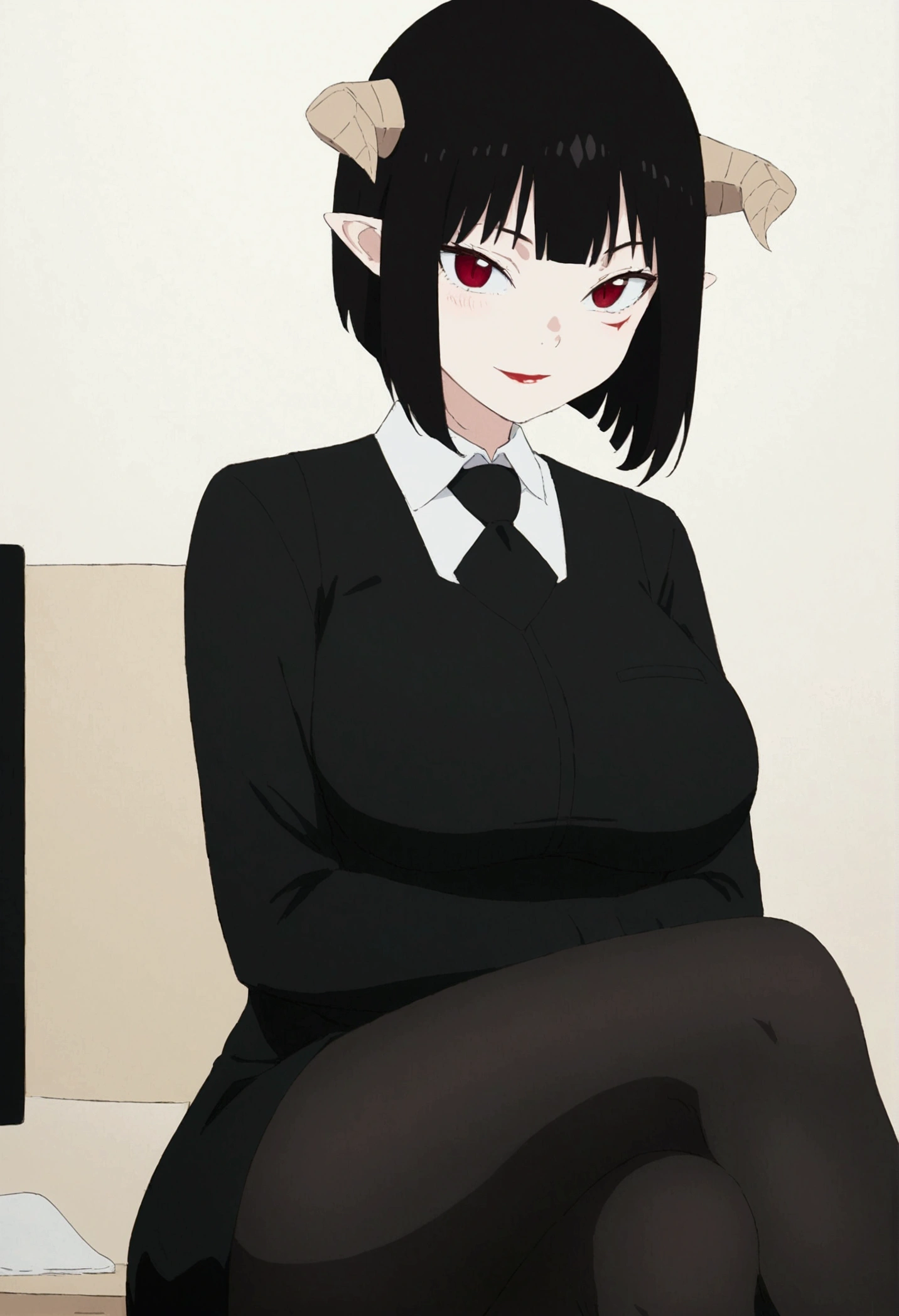 work of art, best qualityer, ultra detali, illustration, colorfully, flat colour, Depth of field, 1 girl, sitting down, Bblack hair, horns on head, Eyes red, , gazing at viewer, in the office, black business dress, pantyhose, black pantyhose, Detailed texture skin, detailed cloth texture, beautifull detailed face,Grinning,face red,blushed,legs crossed,big breasts

