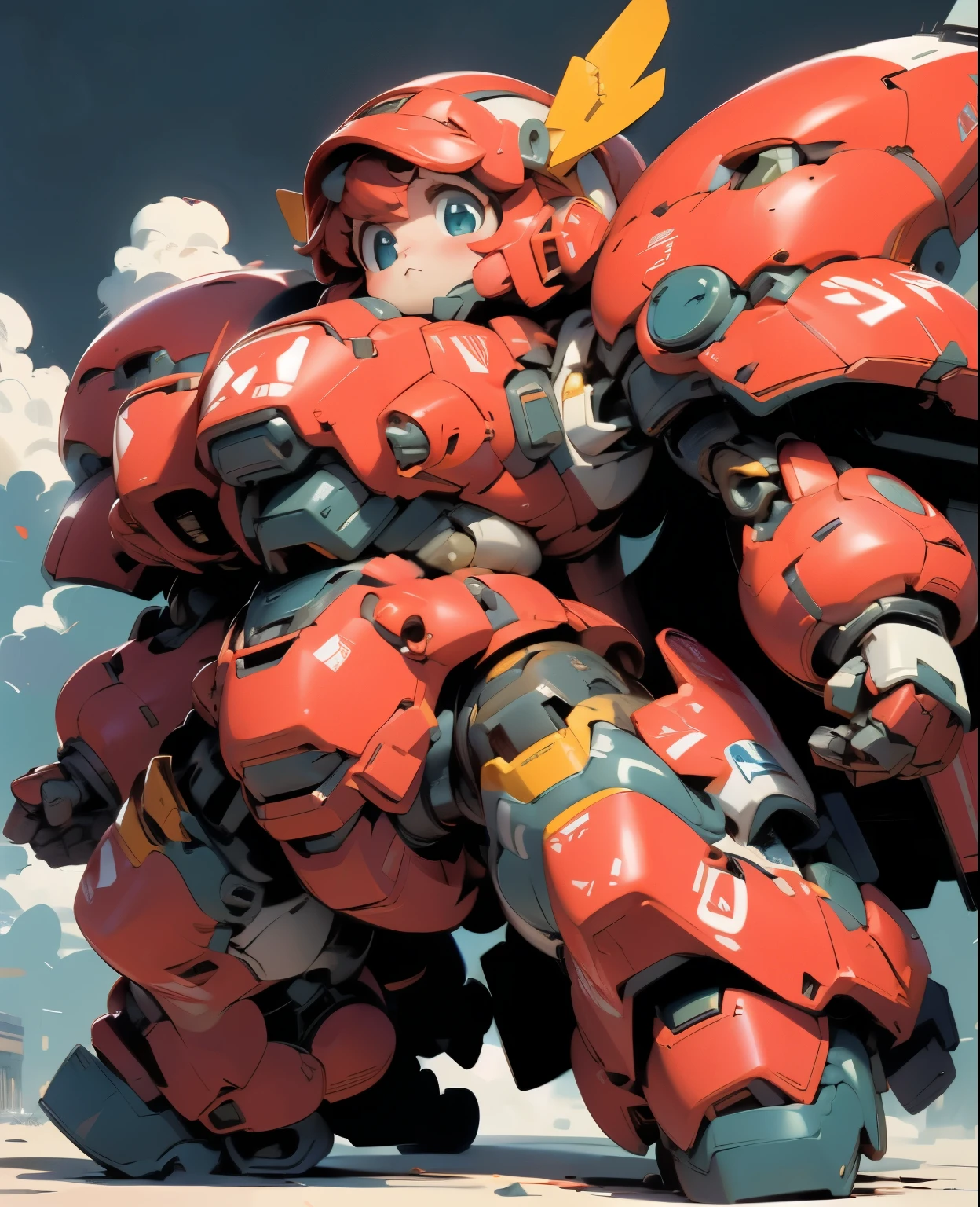 (((1 chibi girl in large red-colored robot costume, from below))), ssmile, (holding weapons), (chibi), (bulky:1.8), (((helmet:1.5))), large cute face, (((looking down:1.5))), mechanical parts, ((mechanical wings)), (full armor:1.8), (mecha armor:1.8), (shoulder guards:1.2),(huger arms), ((mechanical arms:1.5)), (short legs), (huger body:1.8), (heavy equipment:1.6), (from below), (headgear), blue sky, white clouds, robot joints, becoming a mecha, mecha, (RARS), (HRS), ROBOTANIMESTYLE, BJ_Cute_Mech,cute, girl BREAK ((masterpiece)), vibrant colors, 8k, best quality, ultra detailed illustration, ((best quality)), ((high resolution)), flawless skin textures, shiny oiled skin, extremely detailed anime eyes , extreme light and shadow