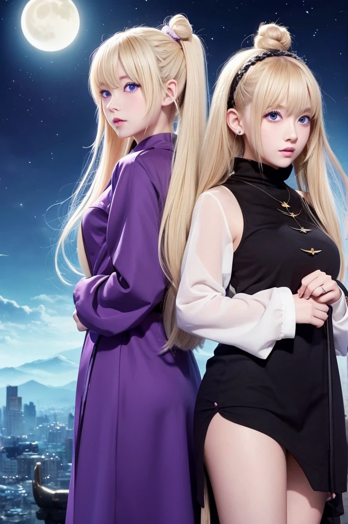 The art style is similar to Japanese anime from the 2000s.、y2k fashion hairstyle、Blonde girl with twin buns。Has cute blue eyes。There is a crescent moon in the pale purple sky

