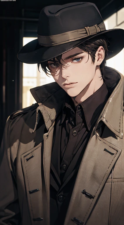 work of art, best qualityer, realisitic, 1 men, mature man, quiet and charming young man, 25 years old, close her eyes, serious look, extreme detailed face, ((dark gray eyes)), ((short dark brown hair combed to the right)), [Thick eyebrows], Detective, ((Dressed in a classic overcoat and fedora hat with gloves)), cinematic lighting, looking at the audience, Postural dynamics, era vitoriano, leitura