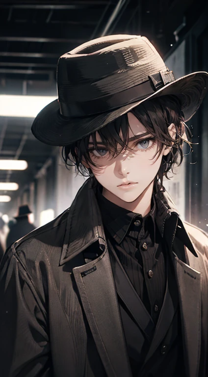 work of art, best qualityer, realisitic, 1 men, mature man, quiet and charming young man, 25 years old, close her eyes, serious look, extreme detailed face, ((dark gray eyes)), ((short dark brown hair combed to the right)), [Thick eyebrows], Detective, ((Dressed in a classic overcoat and fedora hat with gloves)), cinematic lighting, looking at the audience, Postural dynamics, era vitoriano, leitura