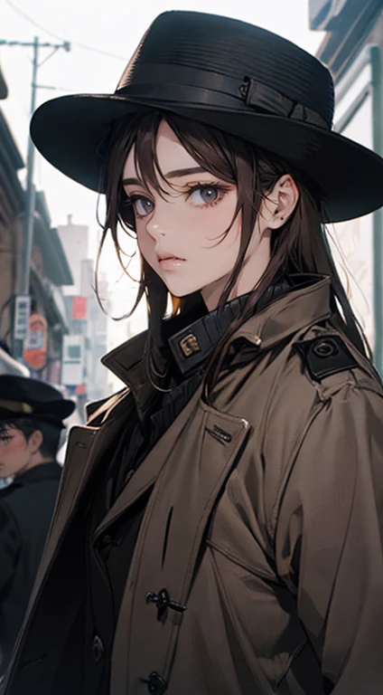 work of art, best qualityer, realisitic, 1 men, mature man, quiet and charming young man, 25 years old, close her eyes, serious look, extreme detailed face, ((dark gray eyes)), ((short dark brown hair combed to the right)), [Thick eyebrows], Detective, ((Dressed in a classic overcoat and fedora hat with gloves)), cinematic lighting, looking at the audience, Postural dynamics, era vitoriano, leitura