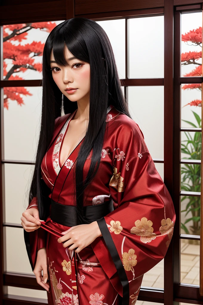 Masterpiece, Japanese teenage girl, long black hair, gorgeous face, black eyes, highly detailed eyes, ancient cosmetic make-up, red and white kimono, Japanese shrine background, gothic portrait, 30k, Exquisite clothing details, high detail, perfect lighting, cinematic lighting, sharp focus.