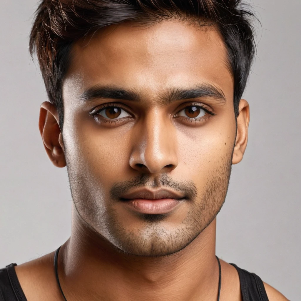 A photorealistic portrait of a 28-year-old Indian man showcasing hairs, brown eyes, a super model jawline, wheatish skin tone with dark brown highlights, wearing a black tank top and shorts, forward on a clean white background.