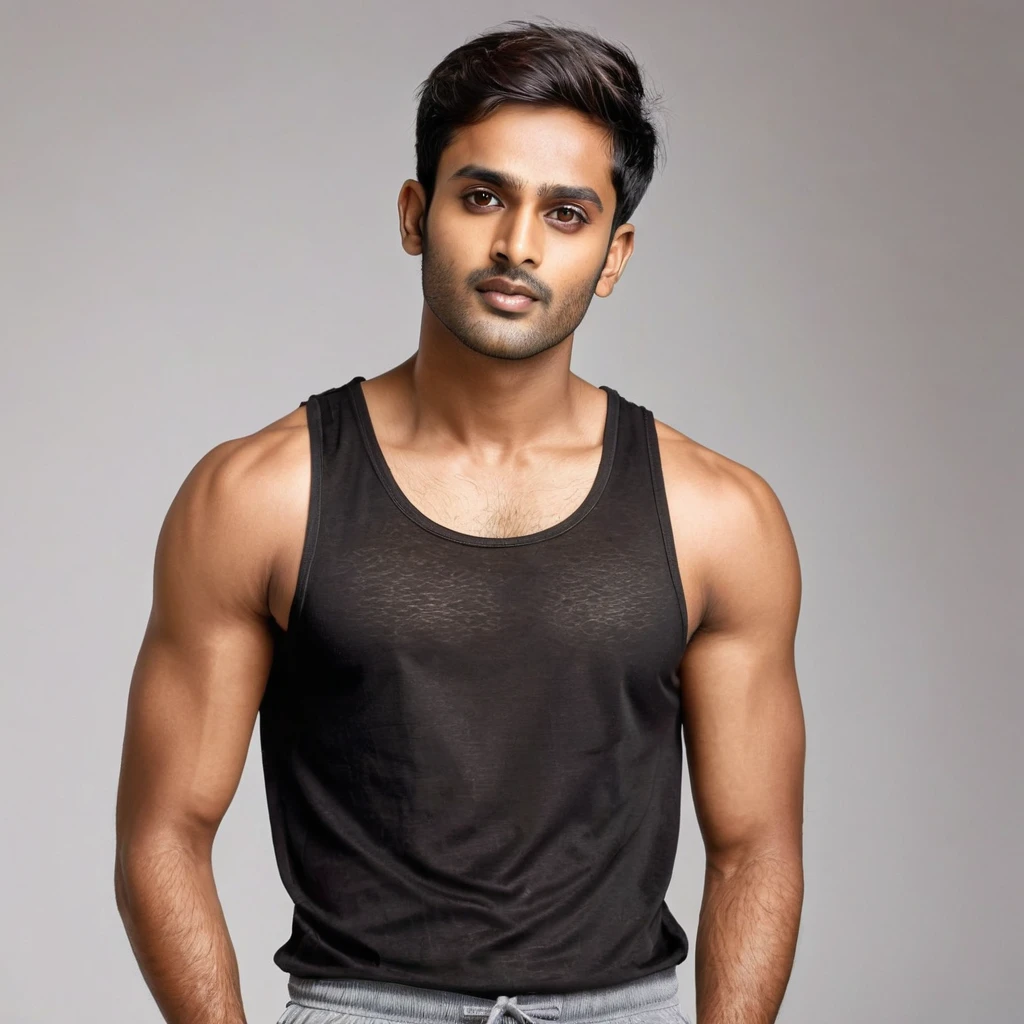 A sexy indian man in a , singlet,he is extremely handsome, virile,sexy, charismatic personality, gorgeous face, stylish hair, he is posing for a magazine, charming expression, ultra HD 16k resolution, homoerotic, perfect, masterpiece ,