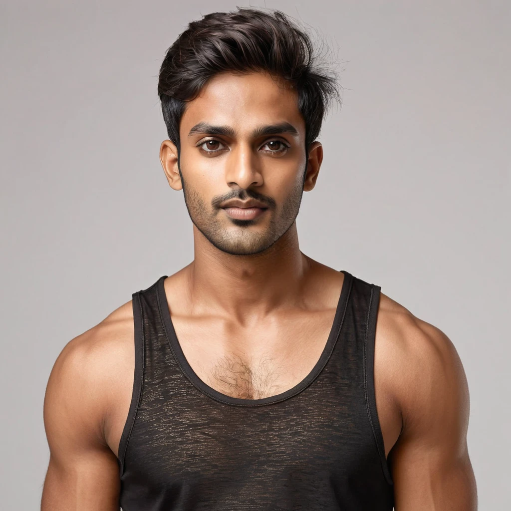 A photorealistic portrait of a 28-year-old Indian man showcasing hairs, brown eyes, a super model jawline, wheatish skin tone with dark brown highlights, wearing a black tank top and shorts, forward on a clean white background.