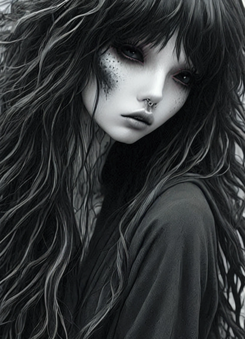 arafed woman with long black hair and a furry hat, black bangs, she has black hair with bangs, with a dark fringe, hair blackbangs hair, with haunted eyes and dark hair, long black hair with bangs, with full bangs, desaturated!!, with haunted eyes and crazy hair, long hair with full bangs, with long black hair