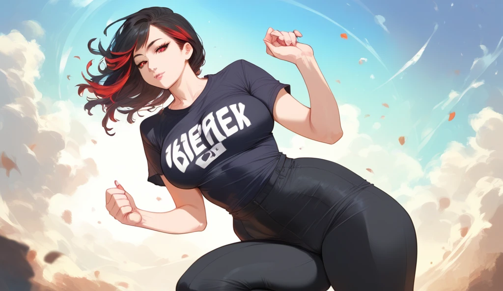 mixed_artstyle, 1 girl, Alone, hands, Asian, black t-shirt, black pants, short black hair with red highlights, red eyes, realistic, textures, 8K, perfect hand, perfect anatomy, visible curves, Breasts, Multi view
