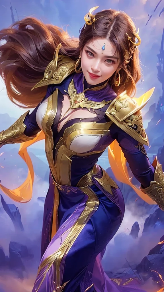 a woman in a purple and gold outfit holding a sword, portrait of modern darna, female protagonist, smile, detailed facial features, high definition, realistic, cinematic lighting, dramatic pose, dynamic action, fantasy, digital art, concept art, 8k, detailed ornate dress, flowing fabrics, intense gaze, powerful presence, dynamic composition, dramatic lighting, atmospheric background