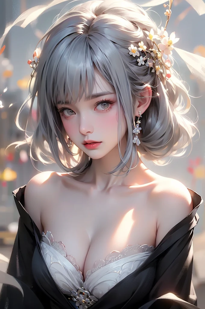 super high quality, masterpiece, Perfect illustration, Very detailed (Exquisite light and shadow, Very dramatic photo,Backlight) , ((Gray Hair:1.5))1 Girl,(( alone:1.6)), (Wearing Japanese clothes, Black and white kimono,Monotony,Long sleeve) Flower Field, Flowers, (White smoke:1.3) (Realistic:1.4), Zen Intertwining, Tangled, Official Art, unity 8k wallpaper, Very detailed, Beautiful and beautiful, masterpiece, Highest quality, (Dynamic Angle: 1.4), Glowing Skin, (Floating colorful flashes: 1) The most beautiful chaotic shapes, elegant, Brutalist Design, Bright colors, Romantic Depth of Field Exotic_dance, half_naked、Expose your shoulders、Ample breasts、Great cleavage、(from forward)
