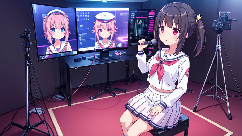 beautiful girl incredible quality 4k vtuber with red eyes black hair with pink ribbon short pleated skirt sailor style blouse long sleeve white long stockings pink tennis shoes with black vtuber youtuber in recording studio room pc gamer background with microphone and rgb cyberpunk LED lights 