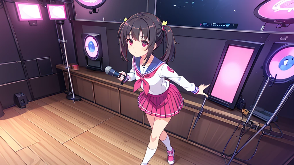 beautiful girl incredible quality 4k vtuber with red eyes black hair with pink ribbon short pleated skirt sailor style blouse long sleeve white long stockings pink tennis shoes with black vtuber youtuber in recording studio room pc gamer background with microphone and rgb cyberpunk LED lights 