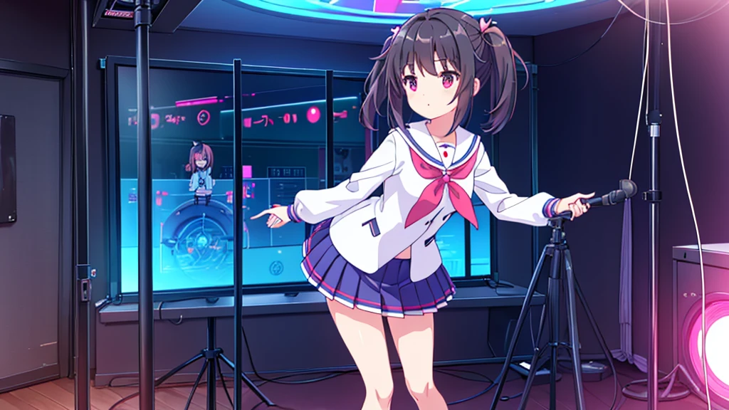 beautiful girl incredible quality 4k vtuber with red eyes black hair with pink ribbon short pleated skirt sailor style blouse long sleeve white long stockings pink tennis shoes with black vtuber youtuber in recording studio room pc gamer background with microphone and rgb cyberpunk LED lights 