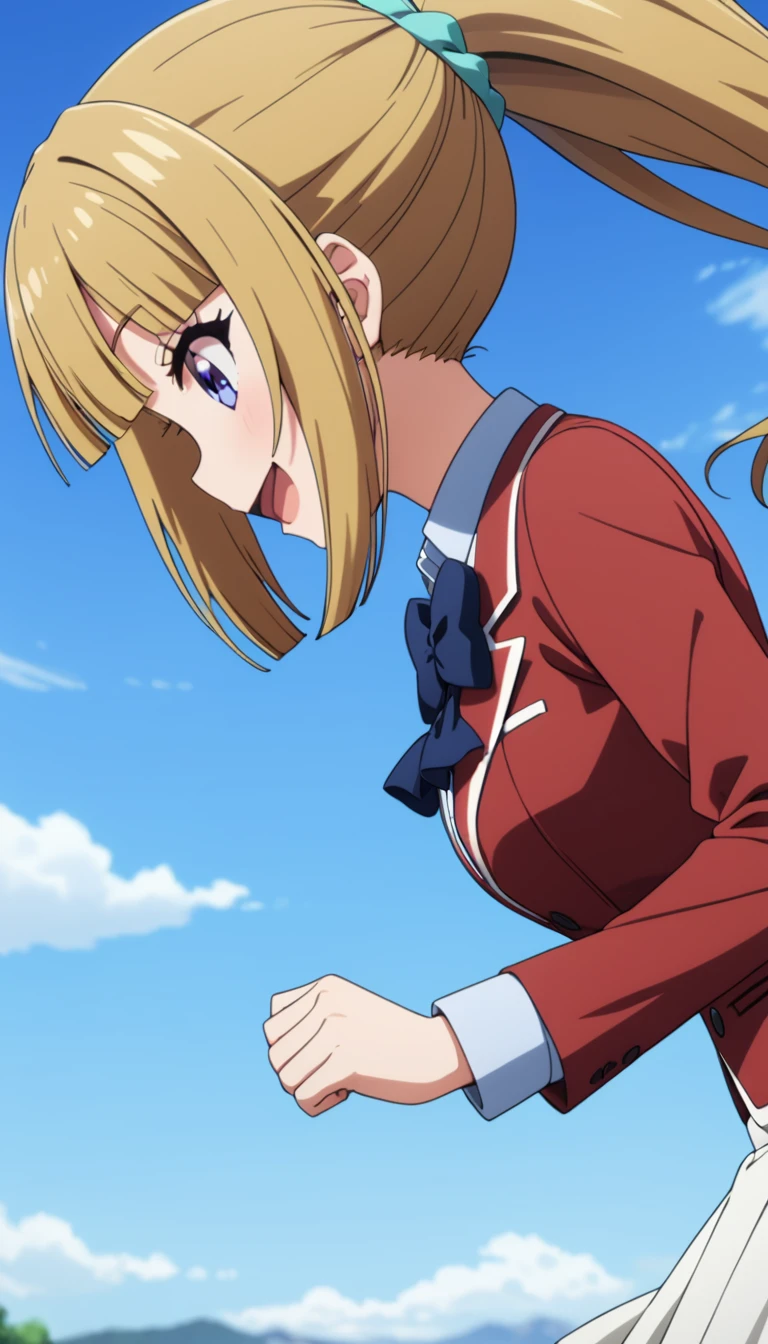 masterpiece, best quality, highres, ponytail hair, (single braid:1.2), hair ribbon, red blazer,buttoned blazer, blue bowtie, white skirt,smile,open mouth,from side,flying, blue sky,