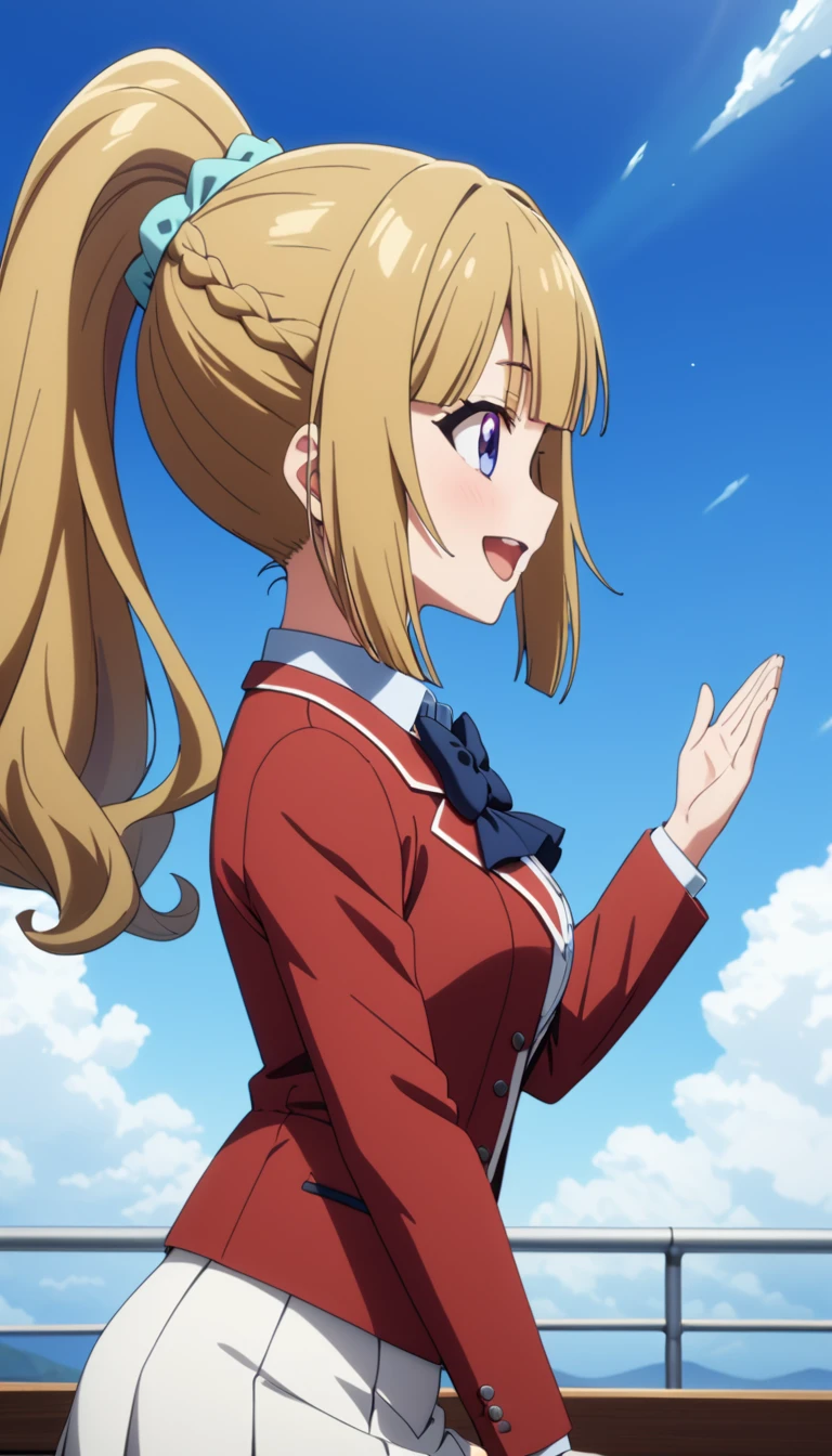 masterpiece, best quality, highres, ponytail hair, (single braid:1.2), hair ribbon, red blazer,buttoned blazer, blue bowtie, white skirt,smile,open mouth,from side,flying, blue sky, 