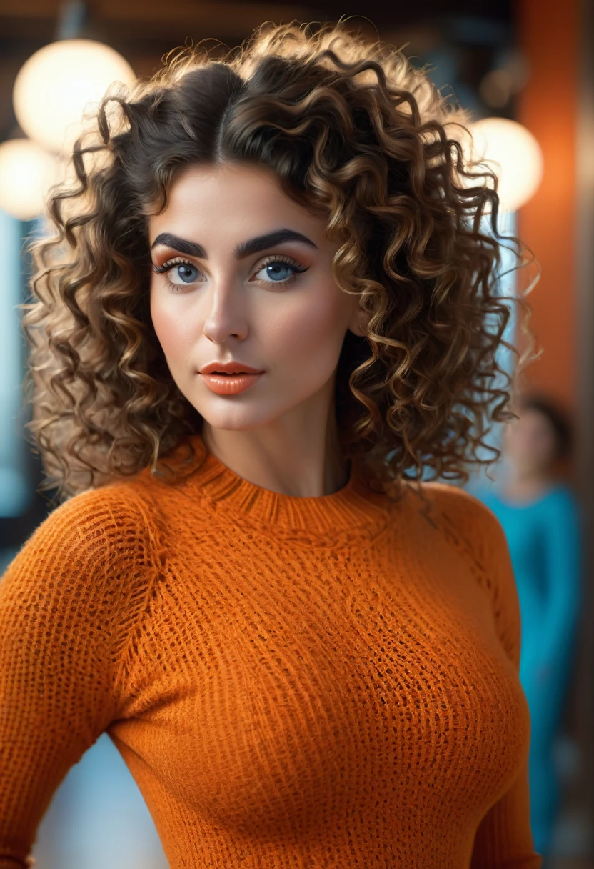 A beautful jeish women with a thik bush unibrow and a large bulbous nose. brown hair that is extremy curly and kinky, Wearing a burnth orange undershoulder sweater dress and baby blue leggings. Ultra HD, with Rococo he symmetrical face, photorealistic photography, path tracing, specular lighting, and volumetric face light enhance the details. The scene is captured in maximum quality, masterpiece, 8K high resolution, and top quality.