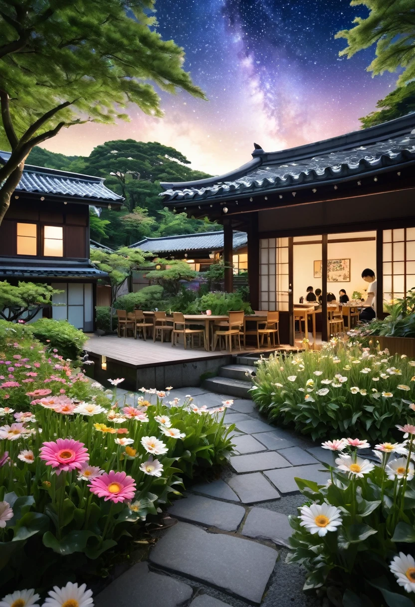 wood、Grass、Surrounded by flowers　people々are smiling happily and talking　There is a long desk　There is a chair　An open-air cafe in the middle of nature　The sunlight pours in　The  is studying　Adults are working　大peopleと子供が話をしている　大peopleと子供は笑顔　子供は16歳の男の子2peopleと女の子2people　20歳の男性と女性3peopleずついる　40歳の女性が2peopleいる 30歳の男性が3peopleいる　Many gerbera flowers in bloom　多くのpeopleが座ってリラックスしている　Big April　night　You can see the starry sky　Thousands of stars are shining　You can see the Milky Way　people々is gazing at the starry sky　Romantic atmosphere with a large transparent roof　people々が15peopleくらいいる