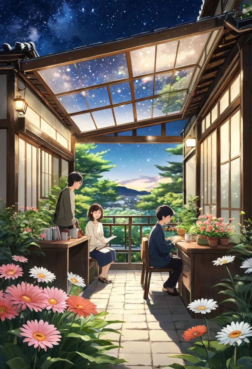 wood、Grass、Surrounded by flowers　people々are smiling happily and talking　There is a long desk　There is a chair　An open-air cafe in the middle of nature　The sunlight pours in　The  is studying　Adults are working　大peopleと子供が話をしている　大peopleと子供は笑顔　子供は16歳の男の子2peopleと女の子2people　20歳の男性と女性3peopleずついる　40歳の女性が2peopleいる 30歳の男性が3peopleいる　Many gerbera flowers in bloom　多くのpeopleが座ってリラックスしている　Big April　night　You can see the starry sky　Thousands of stars are shining　You can see the Milky Way　people々is gazing at the starry sky　Romantic atmosphere with a large transparent roof　people々が15peopleくらいいる