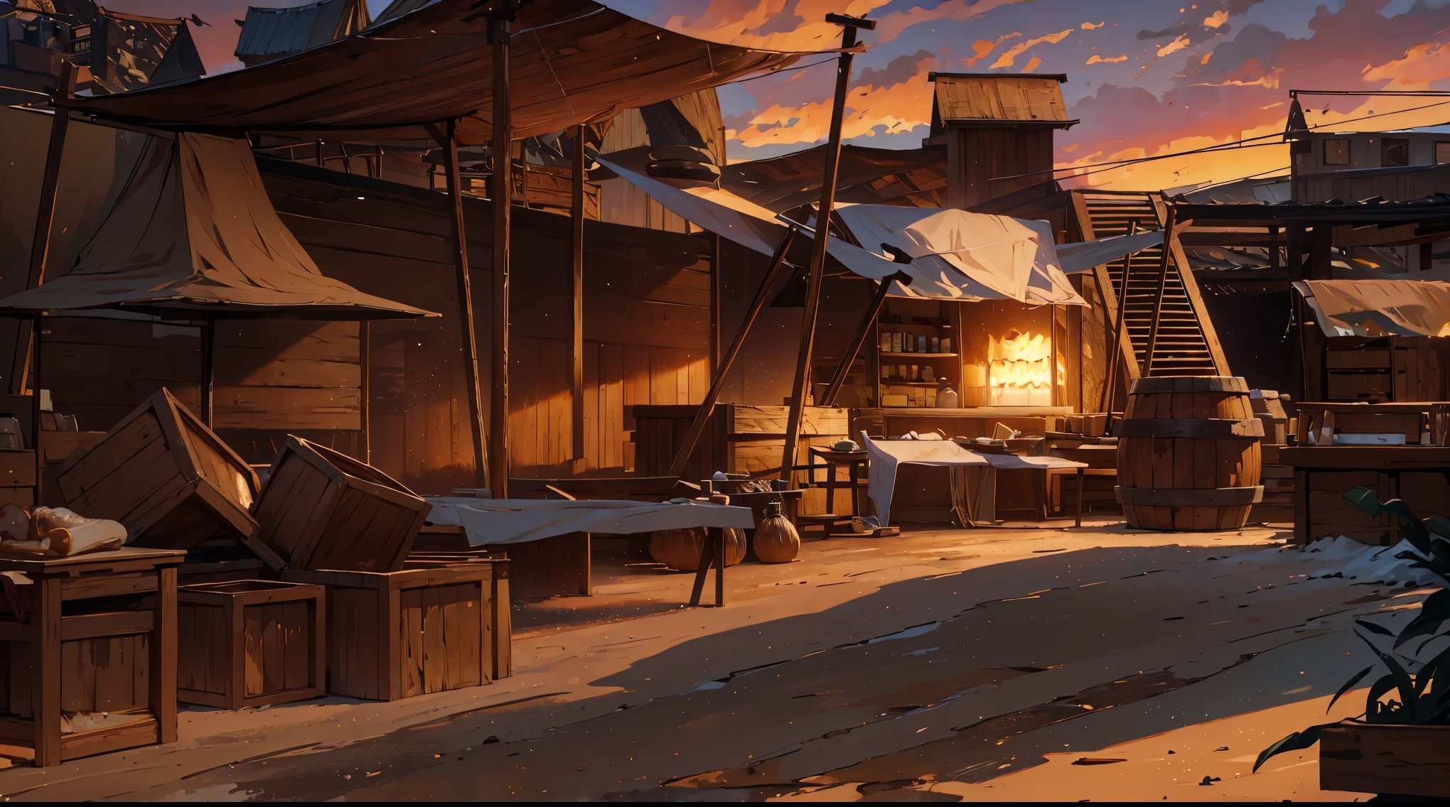 (masterpiece:1.2), (best quality,:1.2), 8k, HDR, ultra detailed, traditional meat market, sand ground, butchery, stilt wooden house, market tents, canopy, market stall, hanging wires, (selling weird foods, odd plants in the wooden boxes, hanged meat in butchery, animal bones, monster meats on the table, goods on the shelf), wooden boxes, wooden barrel, lamp, dawn sky, display case, cloudy daybreak sky, dawn sky, dark morning,