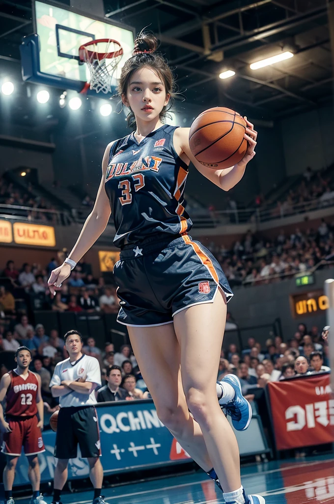 (((best quality))), (((ultra detailed))), (((masterpiece))), illustration, ((1girl,female basketball player,solo)),(slam dunk:1.3),(dunking in the air:1.3), intensity, determined expression, flushed face, perspiration, almond-shaped eyes, mesh jersey, team name and number, form-fitting shorts, athletic build, high-top basketball shoes, indoor basketball gym, well-lit, wooden floor, scoreboard, spectators, stands, action, impact, ball through the hoop, victory, achievement, dedication, skill,(basketball:1.3)