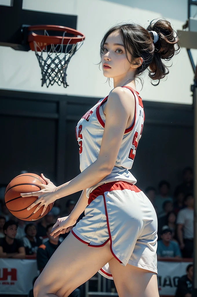 (((best quality))), (((ultra detailed))), (((masterpiece))), illustration, ((1girl,female basketball player,solo)),(slam dunk:1.3),(dunking in the air:1.3), intensity, determined expression, flushed face, perspiration, almond-shaped eyes, mesh jersey, team name and number, form-fitting shorts, athletic build, high-top basketball shoes, indoor basketball gym, well-lit, wooden floor, scoreboard, spectators, stands, action, impact, ball through the hoop, victory, achievement, dedication, skill,(basketball:1.3)