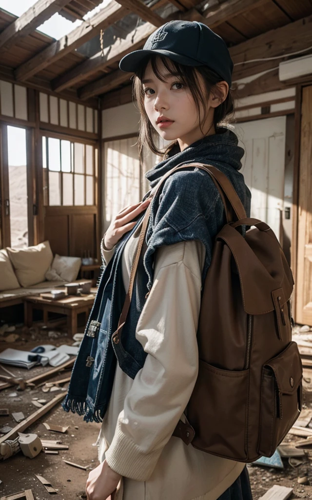 (Highest image quality, Excellent details, Ultra-high resolution), (realism: 1.4), 8K, Realistic photos, Realistic skin texture, Japanese Women in America.s. 、、Abandoned settlement in the desert、standing in a room in a small, Crumbling, abandoned building、The roof of the building is gone　Only one wall.、sand is piled up、Automatic Rifle、Bulletproof vest、cap、Afghan stole、Backpack、vigilance、Background out of focus、Dynamic poses、Innovative composition、