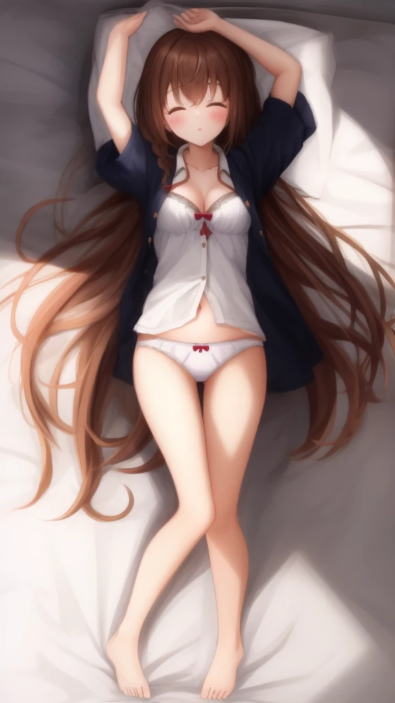 1 girl, , White色hair, thigh, White色的_,， long_hair, ,  White色睡衣，Unbuttoned pajamas，Open income，Umbilical cord，Bare belly，Close your eyes，Close your eyes， In the bedroom, Hindquarters, Bangs, , blush,Lying in bed，White，，White，Full body female，Open your arms，Legs open，