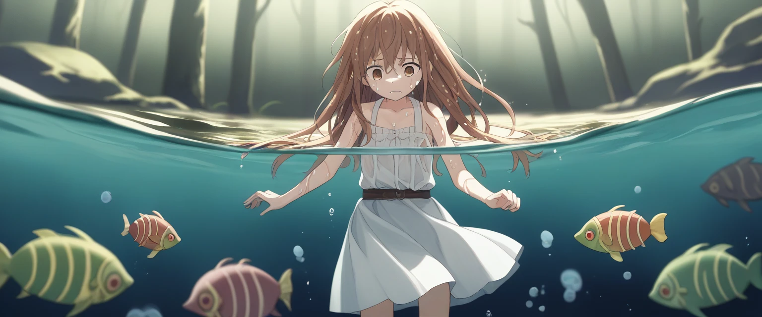 score_9, score_8_wonderful, score_7_wonderful, score_6_wonderful, sauce_anime, partially underwater, 
One Girl, Long Hair, Brown Hair, Wet Hair,
White Dress, Swamp,
Dark Background, Blurred Edges,8-year-old、Adventurer、Flat Chest、Pitch-dark underground labyrinth、No light、skirt、Equipped with a dagger and a shield、水面よりwonderfulの顔、Corpse in water, Underwater Photography、浮力でskirt捲れる