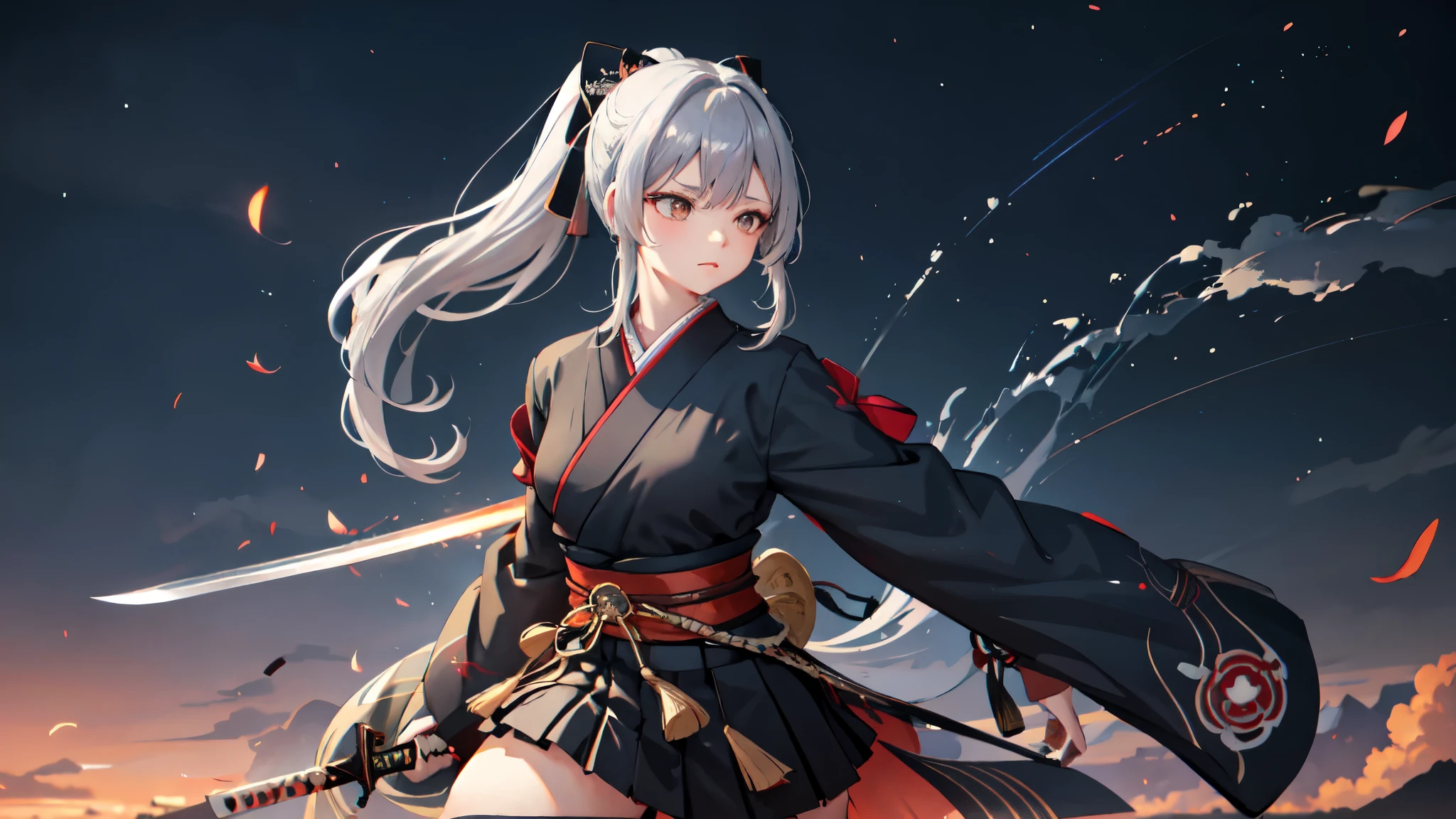 One girl, kimono, ponytail ,Gray Hair, Grey Eyes, wallpaper, landscape, Depth of written boundary, night,Shinsengumi, Kyoto, Holding a Japanese sword in his right hand, Striped pattern, Particles of light, light, Side Lighting, Thighs, destiny \(series\), Genshin Impact, Open jacket, skirt, Knee socks, cloud,