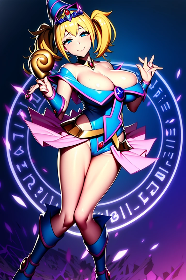 Cure happiness, Low Twintails, Feather hair ornament, skirt, tiara, Wrist cuff, Pink shorts, shorts under skirt, boots, corruption, Hollow Eyes, Half closed eyes, Wicked Smile, There are no students, Crazy Smile, Open your mouth, 1 Girl, Mature Woman, Married women, Dark Magical Girl、Large Breasts(Huge breasts:1.8)
