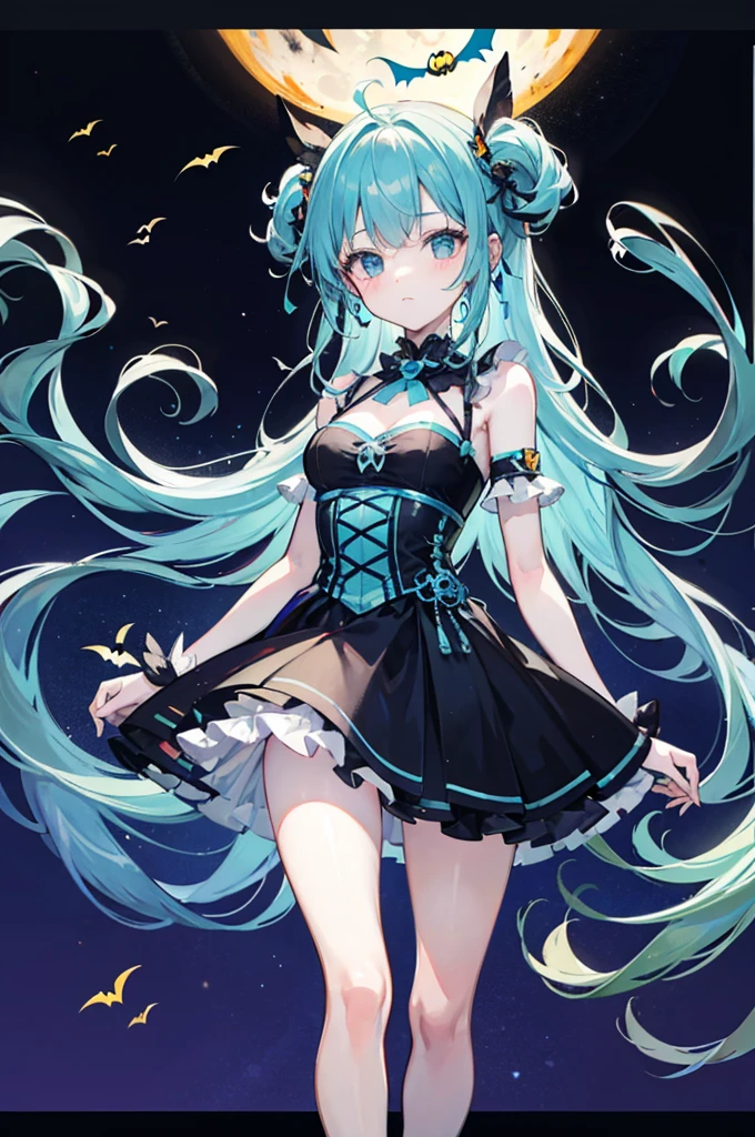 1girl, best quality, perfect hands, black rabbit ears, long rabbit ears, rabbit girl, black hair, cyan streaked hair, cyan colored inner hair, very long hair, twintails, black hair bow, cyan eyes, black semi-transparent nightgown, lace, black lace-trimmed thighhighs, black garter straps, black lace-trimmed panties, blush, shame, bare arms, shoulder cutout, bare shoulders, collarbone, off shoulder